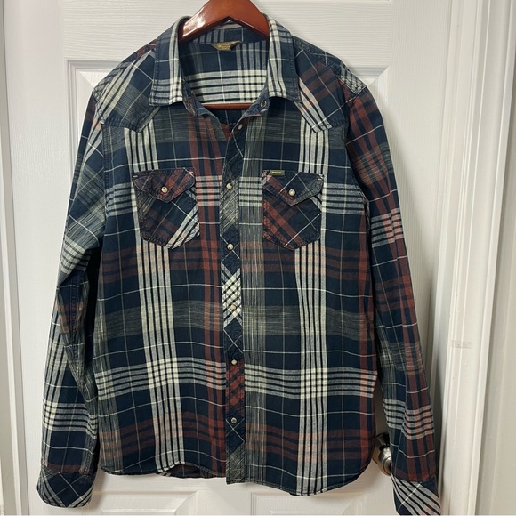 DIESEL Industry Men’s XXL Plaid Pearl Snap Button-Up Long Sleeve Shirt Cotton